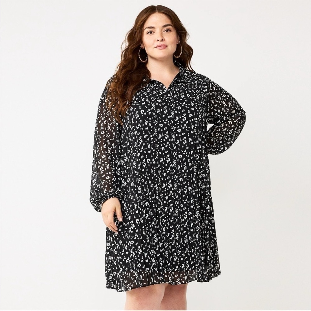Nine West Georgette Collar Pleated Black and White Animal Print Dress, Size XL